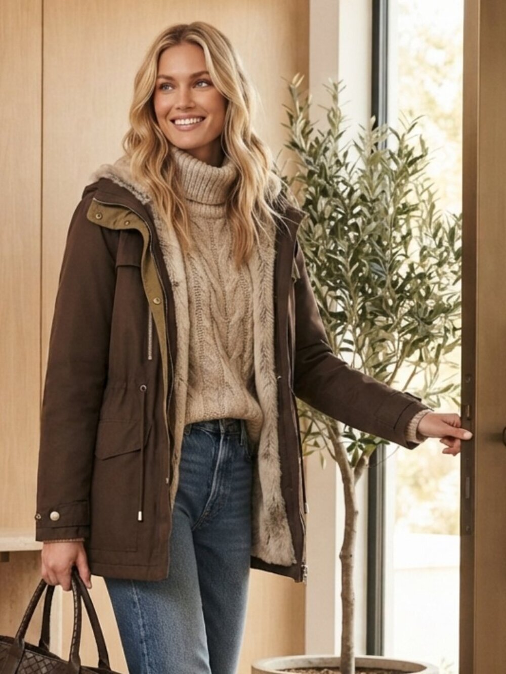 TOPSHOP Olive Green Faux Fur Lined Hooded Parka Jacket Coat Size Large